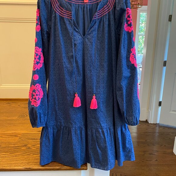 Lilly Pulitzer EUC Lucee Dress Oyster Bay Navy Bayside Eyelet Size L ($228 New) - Picture 6 of 16